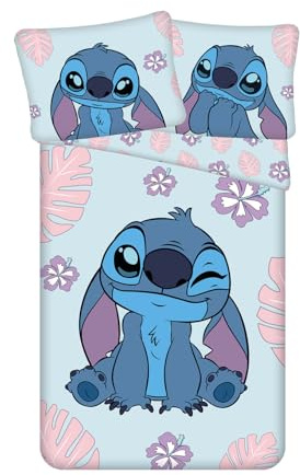 Jerry Fabrics Juego de ropa de cama reversible Stitch, funda nórdica con bordado, funda nórdica de 140 x 200 cm y funda de almohada grande de 70 x 90 cm, 100 % algodón, multicolor