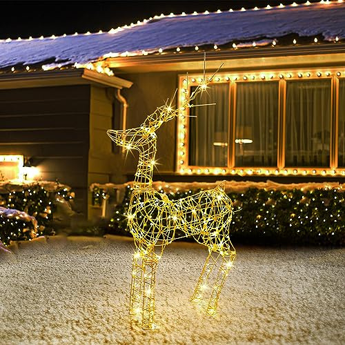 Joomer Light Up Reindeer Outdoor Deer Deocrations, 85CM 240 LED Metal Outdoor Christmas Reindeer Mains Powered, 8 Modes LED Christmas Deocrations with Timer Waterproof for Home Garden, Warm White