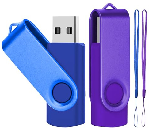 DAUZZOX Lot de 2 Clé USB Pivotantes 64Go USB 2.0 Flash Drive Stockage Rotation Disque Mémoire Stick USB U Disque avec Lumière LED, 2 Cordes, Bleu/Violet