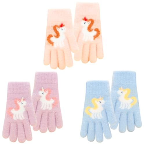 FCXVXCL 3 Pares Manoplas para Niños,Prueba de Frío Guantes Con Dedos Completos Manoplas Punto Elásticos Guantes Mitones Invierno de Cálidos y Coloridos para Niños de 4 a 10 Años