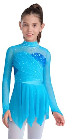 Freebily Vestito da Pattinaggio Artistico Bambina Abito da Balletto Ballo Lirico Contemporaneo Body Danza Classica Ballerina con Strass Costume da Ballo Latino Tango Azzurro 11-12 Anni