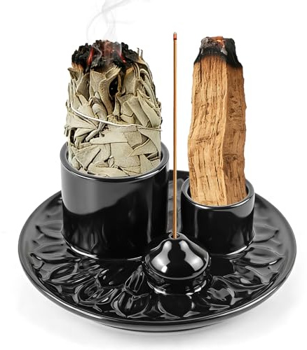 Soporte para incienso 4 en 1. Este cuenco para incienso es ideal para cualquier incienso, palo santo, salvia y portavelas, ideal para decoración del hogar, meditación y yoga (negro)