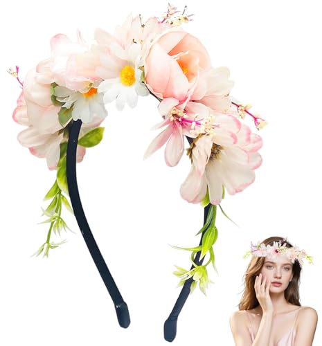 HuaMuDM Blomma pannband girlang med girlang och brudkrona, girlang huvudbonad, blommor pannband med band