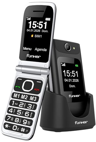 Funker C250 Comfort Power 4G - Telefono cellulare con coperchio per anziani, base di ricarica, tastiera ad alto contrasto, pulsante SOS, facile da usare, 3 memorie dirette, batteria da 1450 mAh, nero