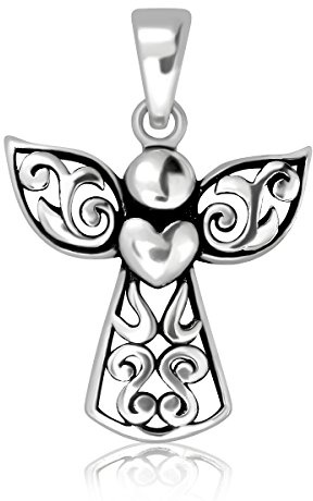 WithLoveSilver 925 Sterling Silver Bali Filigree Cross Guardian Angel Holding Heart Wing Pendant