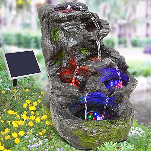 Fuente de jardín, Fuente Decorativa, Fuente Interior con iluminación, Fuente de Agua en Cascada para jardín, terraza, balcón Muy Decorativa - Funcionamiento Solar híbrido