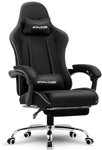 GTPLAYER Gaming Chair, Computer Chair with Footrest and Lumbar Support, Height Adjustable Game Chair with 360°-Swivel Seat and Headrest and for Office or Gaming (Faux Leather, Black)