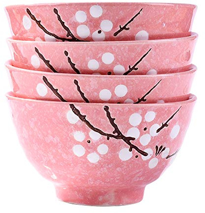 Japanese Rice Bowls Set of 4 - Japanese Style Hand-painted Pink Plum Ceramic Bowls set of 4 for Dessert Snack Cereal Soup