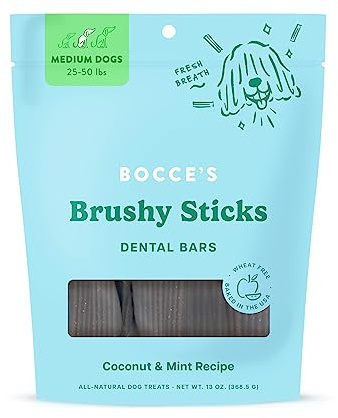 Bocce's Bakery Dailies Brushy Sticks to Support Oral Health & Fresh Breath, Wheat-Free Dental Bars for Dogs, Made with Real Ingredients, Baked in The USA, Natural Coconut & Mint, Medium Dogs