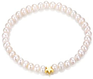 H'Helen Pulsera Elástica 16cm de Perlas Cultivadas Pequeñas Blancas con Estrella de Plata de Ley 925 Para Mujer