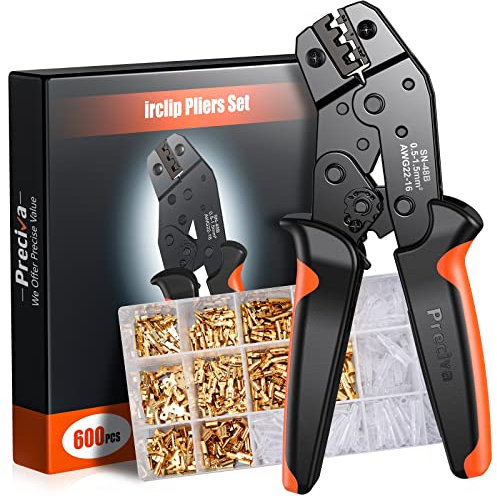 Crimping Tools for Spade Connector, 0.5-1.5mm²/22-16 AWG Electrical Crimping Pliers, Preciva Wire Terminals Crimping Tool with 600pcs Cable Brass Male Female Wire Terminal Connectors