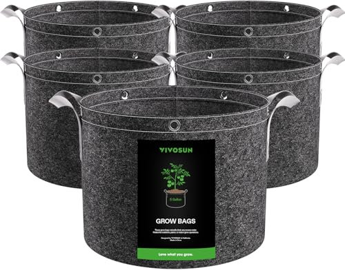 VIVOSUN Lot de 5 Sacs à Plantes 20L, Plantation en Non-tissé 360g, Géotextile pour Culture Permanente-réutilisable, Idéal pour Cultiver Pommes de Terre et Tomates avec Poignées