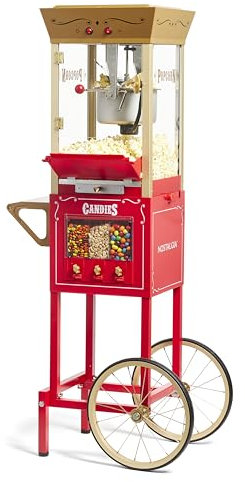 Nostalgia Vintage 8 Ounce Professional Popcorn Cart Makes Up to 32 Cups, Three Storage Candy & Kernel Dispenser Also for Nuts, Chocolate, Measuring Spoons and Scoop Included, Red
