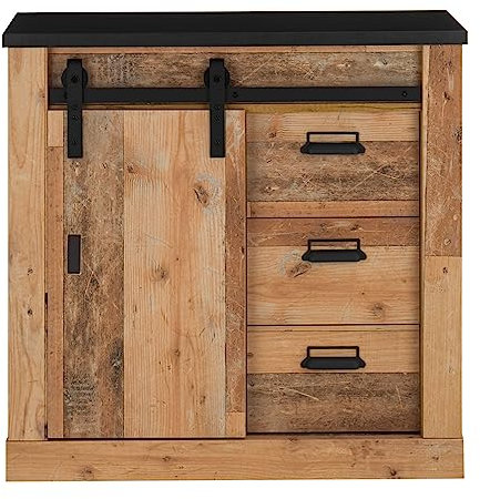 Furn.Design Schuhschrank Schuhkommode in Used Wood hell und anthrazit/grau Garderobenschrank im industriellen Stil Flurkommode Dielenschrank mit Scheunentorbeschlag 93 x 91 cm Stove (Kommode)