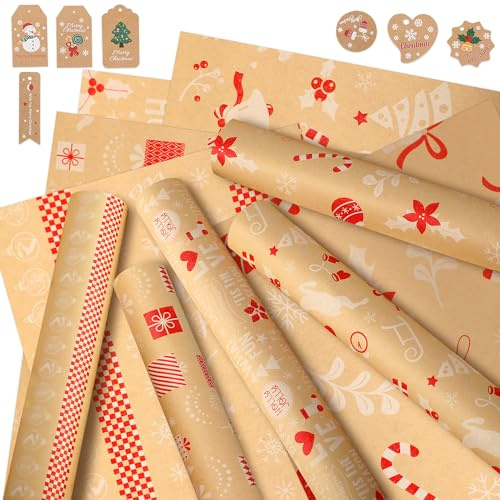 5 Rollos Papel Regalo Navidad - 43cm x 2m Grande Papel Envolver Navidad Bobina con Etiqueta, Vintage Bobina Papel Embalar Navidad Kraft, JieliBon Original Roll Christmas Wrapping Paper para Infantil
