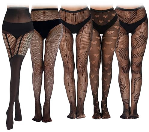 Netzstrumpfhose Schwarz 5 Stück Halterlose Strümpfe Kniestrümpfe Damen Sexy Strumpfhosen Damen Muster Set, Gothic Strumpfhose mit Unterschiedlichen Mustern, Netzstrumpfhose Glitzer Schlangen