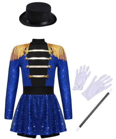 dPois Déguisement Monsieur Loyal Fille Enfant Justaucorps Gymnastique Manches Longues Costume Cirque Halloween Noël Carnaval 3-16 Ans Type B Bleu 9-10 ans