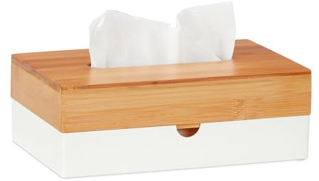 Relaxdays Tücherbox, Kunststoff & Bambus, Kosmetiktücher Box, eckige Tuchbox, H x B x T: 8,5 x 23,5 x 15 cm, weiß/Natur