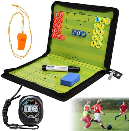 Leikurvo Taktiktafel Fußball, Taktikboard Fussball Klappbar, Taktikmappe Fußball mit Magnetische Große Schachfiguren, Stoppuhr Timer, Schiedsrichter Pfeifen, Fußball Taktiktafel Trainermappe Fußball