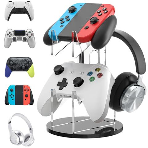 SPORWAY Soporte Cascos Gaming y Mando: Auriculares Switch de Acrílico para PS5/PS3/PS4/PS2/Switch Pro/Xbox, 3 Controladores y 1 Auricular