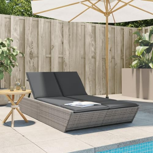 Faroom Cama Balinesa Doble Exterior con Respaldo Reclinable en Poliratán, Tumbona para Jardín Regulable en Gris