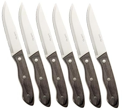 SanheKit Couteaux à Steak, Set de 6,Set de 12, Lame en Acier Inoxydable 13,5 cm, Manche en Bois, Design Full Tang, Dentelé (Mix 3 couleurs (6 pièces))
