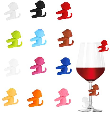 CATOR 12 Pezzi Colorati Segnabicchieri, Scimmia Identificatore Del Bicchiere di Vino, Silicone per Feste, Champagne, Cocktail, Martini