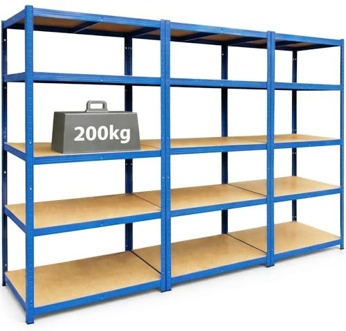 Racking Monkey 180x90x60cm | 3 Bay Garage Shelving Units | 200kg UDL Per Shelf (1000kg Per Bay) | Blue Storage Shelves | 5 Tier Workshop, Shed, Office | Metal & MDF Boltless