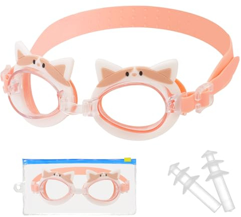 Pwsap Lunettes de Natation pour Enfants avec Bouchons d'Oreilles, Chat Mignon Lunettes de Natation pour Jeunes Filles (4-14), Anti-Buée Anti-UV, Fuite Protection, Vision Claire
