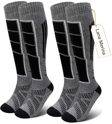 Vebroert Chaussettes de Ski en Laine Mérinos – 2 Paires Chaussettes Thermiques Hautes Homme Femme Respirantes et Chaudes Idéales pour Ski Randonnée Hiver Cadeau Noël Taille Gris EU 39-42