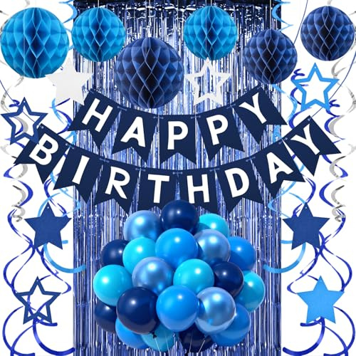 Navy Blue Birthday Decorations for Men Boys, Recosis Balloons in Blue Tones with Happy Birthday Banner, Honeycomb Balls, Star Hanging Swirls, Foil Curtain Décor