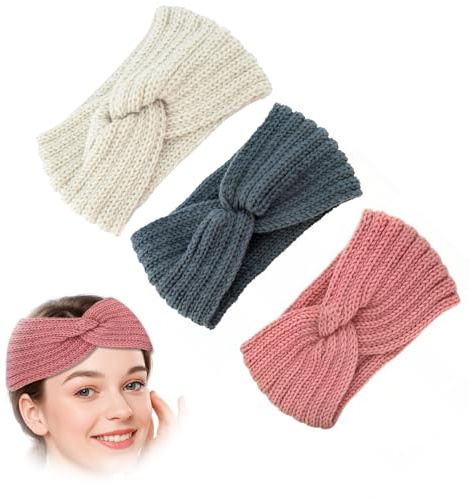 Lot de 3 bandeaux d'hiver en tricot pour femme - Bandeau pour enfants et filles - Automne et hiver - Simples et polyvalents - En tricot - Chauffe-oreilles élastiques - Beige + gris + rose