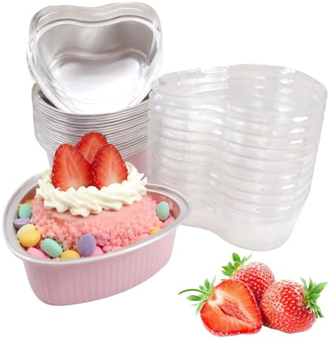 Heart Shaped Cake Tin Mini Loaf Cases Pink Cupcake Tins with Lids Foil Mould Small Pan Baking Moulds Form for Air Fryer Box Cheesecake Pots Cups Muffin Containers Trays Cup Boxes(20 Pack)