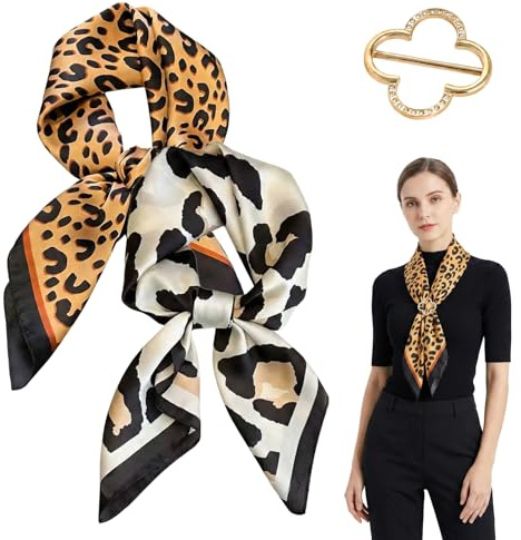 GMBANK 2 Pack Leopard Print Silk Square Scarves For Women | Neck Scarf For Women With Scarf Clip, Neck Scarf, Square Scarf And Hair Bandana For Summer Beach Travel Vacation Sports