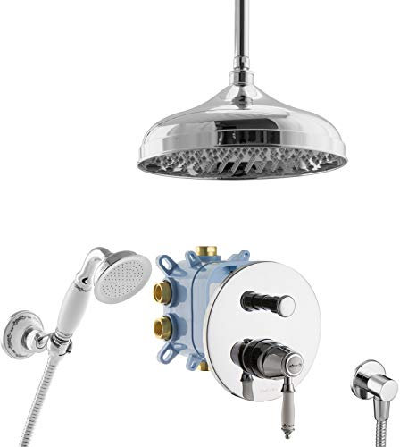 PaulGurkes Regendusche Retro Unterputzarmatur Nostalgie Duschsystem Vintage Landhausstil Duscharmatur Handbrause Keramikbordüre 160cm Brauseschlauch große Duschkopf Brausekopf Wandhalter Duschschlauch