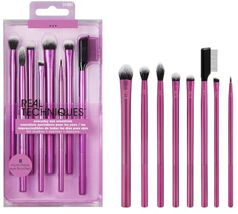Real Techniques Everyday Eye Essentials Make-up-Pinsel-Set, Augenpinsel für Liner, Lidschatten, Augenbrauen und Wimpern, reisefreundlich, synthetische Borsten, 8-teiliges Set