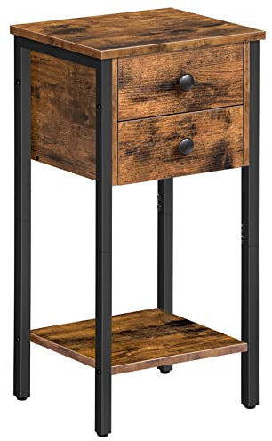 HOOBRO Beistelltisch, Telefontisch, Nachttisch mit 2 Schubladen, Hoher Sofatisch, Wohnzimmertisch mit Ablageflächen, Metallgestell, Robust und Stabil, Dunkelbraun EBF72BZ01