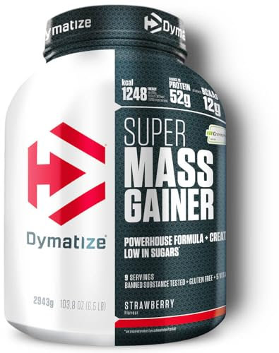 Dymatize Super Mass Gainer Strawberry 2943g - Weight-Gainer Poudre + Glucides, Creapure Créatine, BCAAs, Casein