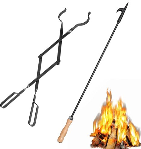 Pinzas para chimenea de 26 pulgadas y pozo de fuego de 32 pulgadas, pinzas de leña para estufa de leña, pinzas de hierro forjado negro resistente para fogata, chimenea, hogueras, uso en interiores y