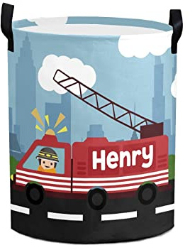Fire Truck Personalized Laundry Basket Clothes Hamper with Handles Waterproof,Collapsible Laundry Storage Baskets for Bathroom,Bedroom Decorative 19.7Hx14.2D