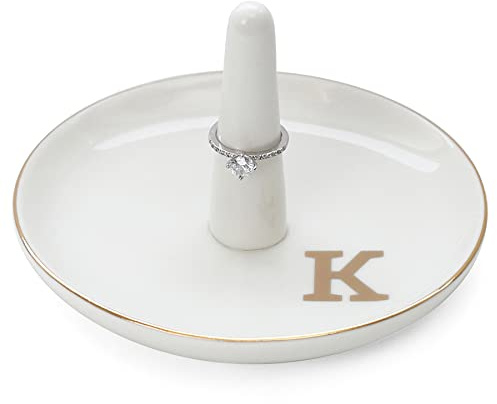 HOME SMILE Initials Ring Holder Jewery Tray with personalized K-Monogrammed Engagement Gifts for Friends,Birthday Mother's Day Christmas Gifts for Women,Ceramic White
