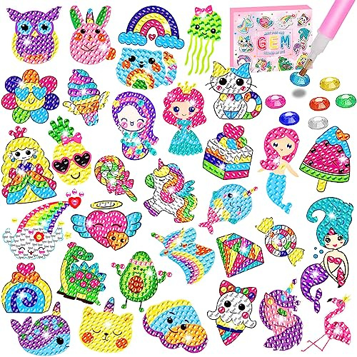 CAYUDEN Autocollants de Peinture Diamant 5D, 33 Pièces DIY Diamant Painting Stickers Enfants Art Autocollants Kit Diamond Painting Peinture Diamant pour Enfants 8 12 Adultes