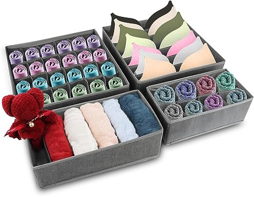 Set di 4 Organizer per cassetti, Organizer per Biancheria Intima,Armadio Divisori Pieghevole Storage Box Cassetto Organizzator Usato per Biancheria Intima, Reggiseni, Calze, Cravatte，Fazzoletti