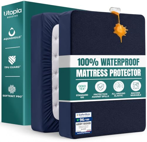 Waterproof Mattress Protector, Double 135 x 190 cm, Fits 40cm Deep (Navy) | Terry Top Waterproof Mattress Protector with Elastic Skirt, Oeko-Tex Certified, by Utopia Bedding