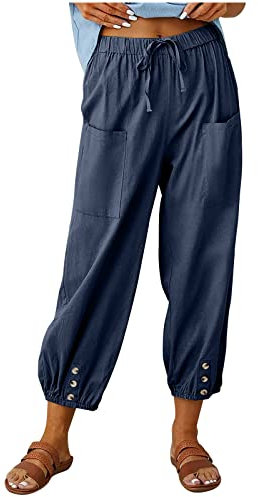 Leinenhose Damen 7/8 Lang Sommerhose Baumwolle Leinen Freizeithose Lässige Einfarbig Stoffhose Casual Loose Fit Strandhose mit Taschen Yogahose Elastische Taille Haremshose Caprihose
