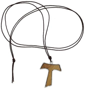 Pendente Croce Tau in legno e metallo con collana - Gioiello artigianale ciondolo h 3 cm