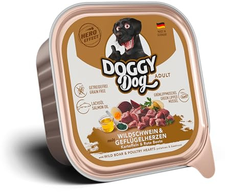 DOGGY Dog Paté cinghiale e cuori di pollame, 10 x 150 g, cibo umido per cani, senza cereali, con olio di salmone, mangime completo con patate e barbabietole, prodotto in Germania