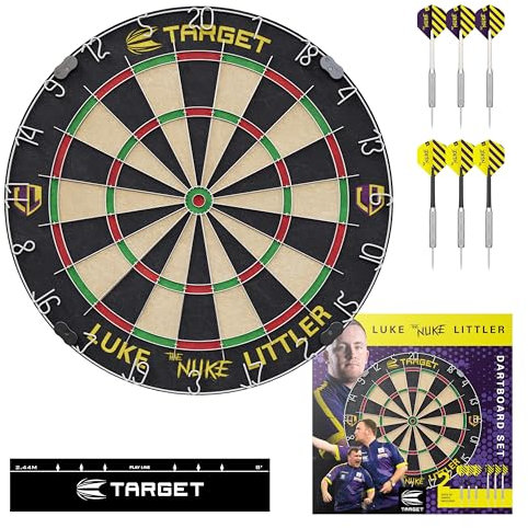 Target Darts Luke Littler Dartboard Set | Player Edition ‘The Nuke’ Dart Board Set with 2 Sets of Steel Tip Darts, Competition Standard Throw Line | Professional Dart Setup & Accessories