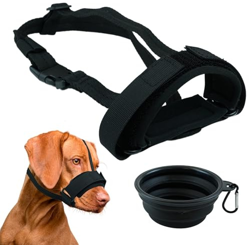 OKIDO Bozal para Perros Ajustable con Tira de Seguridad + Cuenco Plegable | Bozales para Perros Pequeños, Medianos y Grandes, Ideal para Adiestramiento (L)