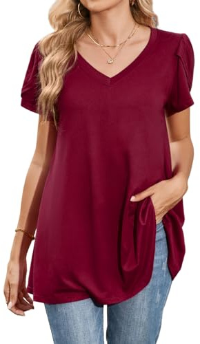 Enmain Camiseta Mujer Manga Corta Blusa Cuello en V Más Tamaño Túnica Túnica Tops Elegante Tulipán Manga Swing Tops